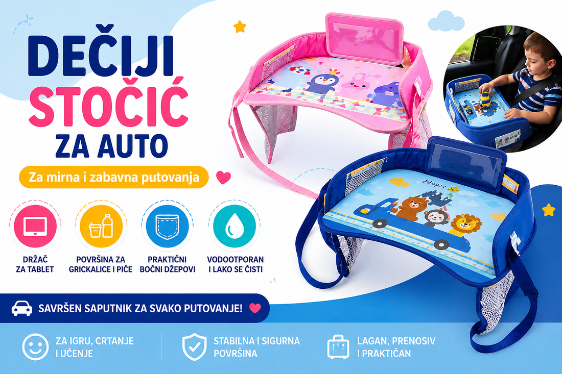 Dečiji stočić za auto sa držačem za tablet, bočnim džepovima i vodootpornom površinom za igru, grickalice i mirna putovanja.