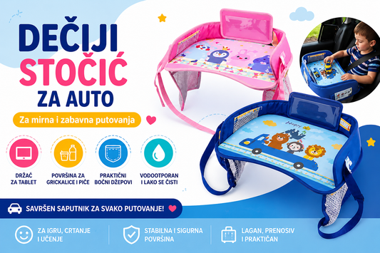 Dečiji stočić za auto sa držačem za tablet, bočnim džepovima i vodootpornom površinom za igru, grickalice i mirna putovanja.